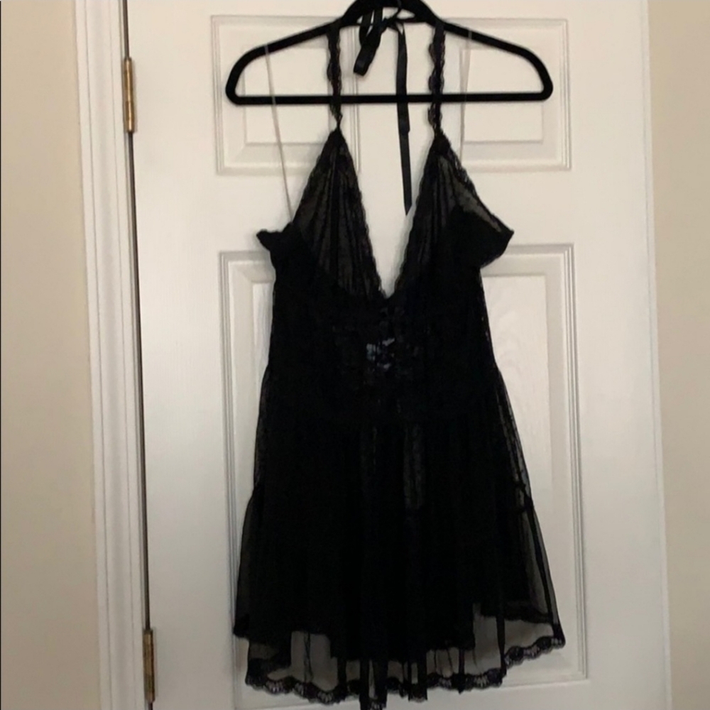 Torrid Black Lace Babydoll with Ribbon Tie Halter